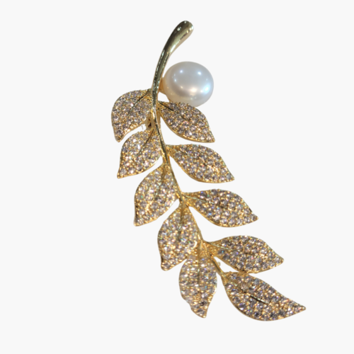 Elegant Gold-Plated Leaf Pearl Brooch Pin with American Diamonds