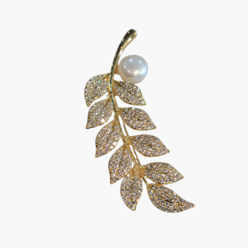 Elegant Gold-Plated Leaf Pearl Brooch Pin with American Diamonds