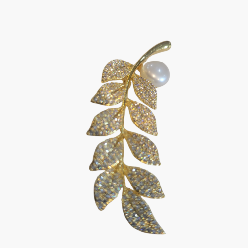 Elegant Gold-Plated Leaf Pearl Brooch Pin with American Diamonds